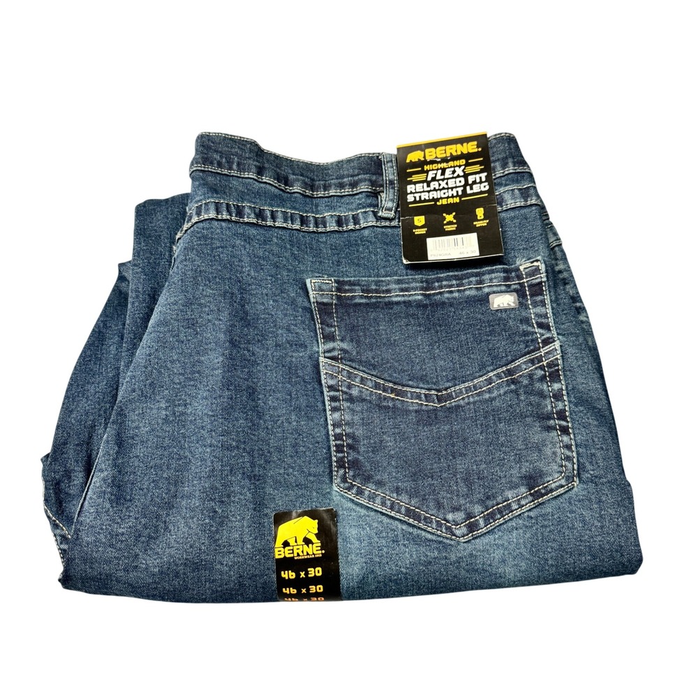 Berne Jeans Mens 46x30 Highland Flex Relaxed Fit Straight Leg Graphite Denim NEW